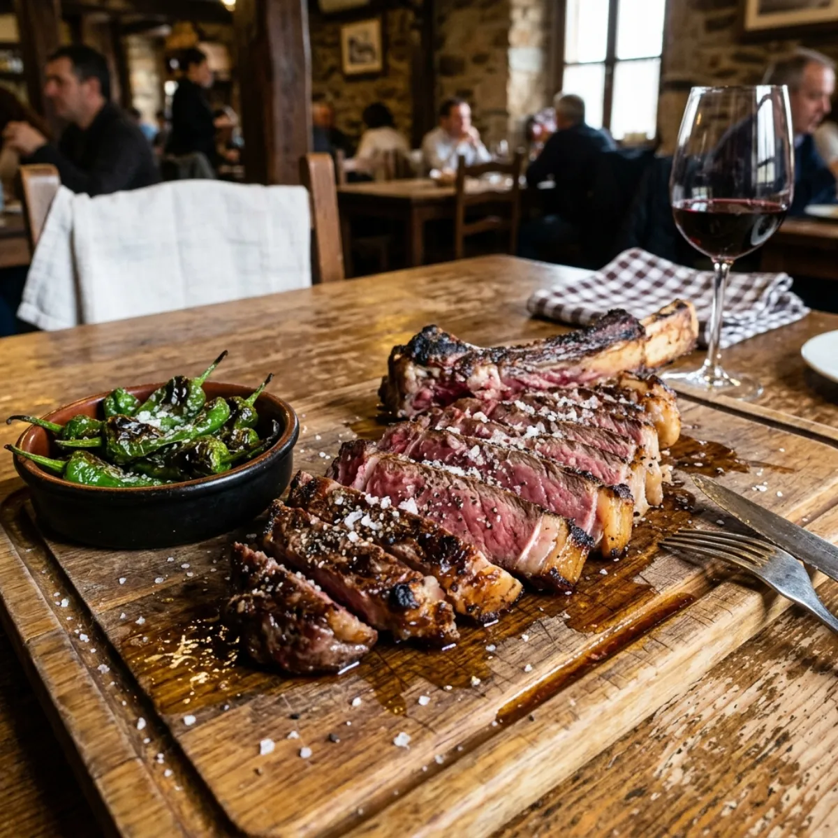 Chuletón a la brasa trinchado en tabla de madera con pimientos de padrón