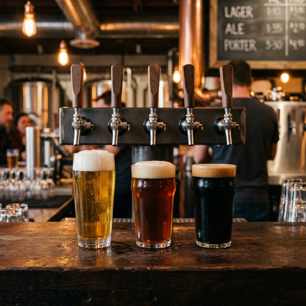 Tiradores de cerveza artesana y cañas recién tiradas sin marcas visibles