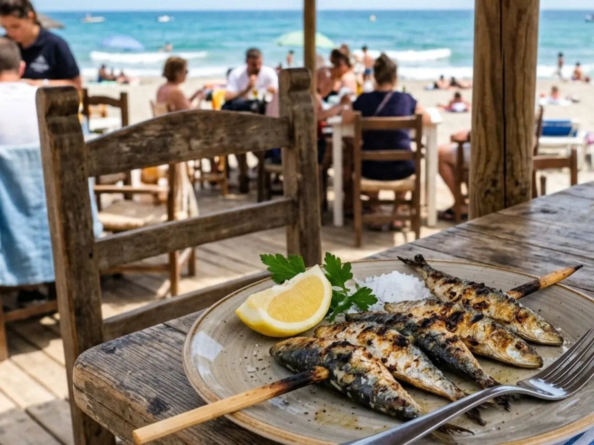 Espetos de sardinas a la brasa en mesa de chiringuito frente a la playa