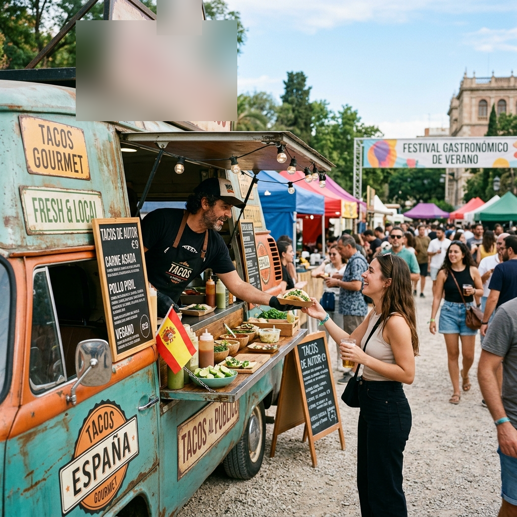 Food truck en evento al aire libre sirviendo comida a clientes