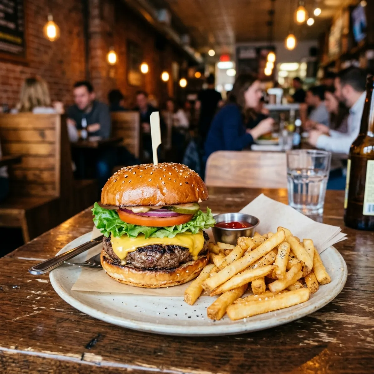 Hamburguesa artesana con queso fundido y patatas fritas en plato