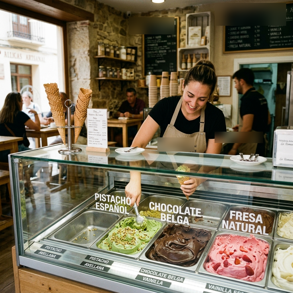 Vitrina de helados artesanos de sabores en heladería tradicional