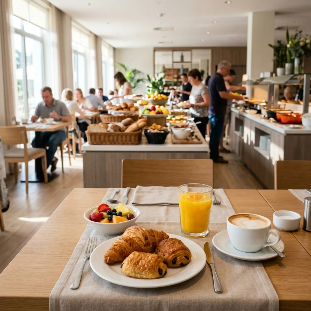 Desayuno buffet de hotel con bollería, fruta, zumo y café