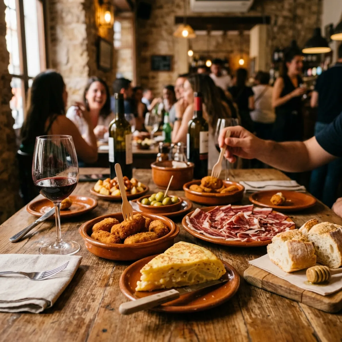 Mesa de bar con tapas españolas: croquetas, tortilla, jamón y aceitunas
